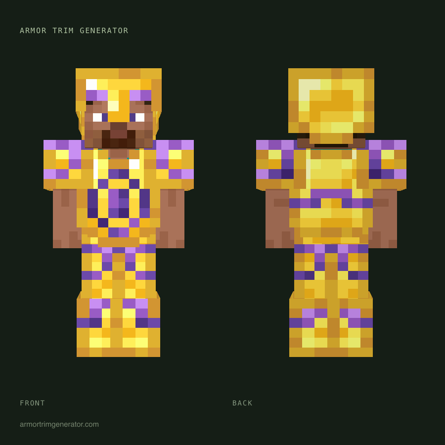 Arcane Alloy: eye armor trim in amethyst on gold, full-body front and back preview