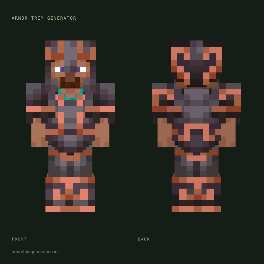 Copper Current: flow armor trim in copper on netherite, full-body front and back preview