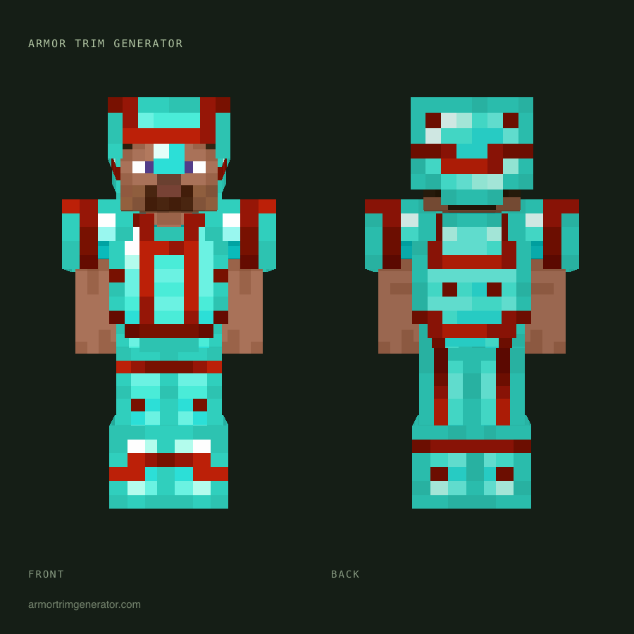 Coral Signal: bolt armor trim in redstone on diamond, full-body front and back preview