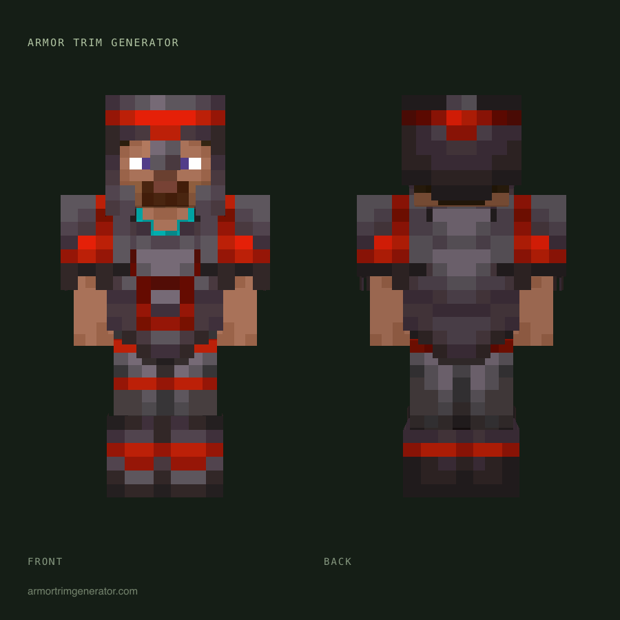 Crimson Depths: ward armor trim in redstone on netherite, full-body front and back preview