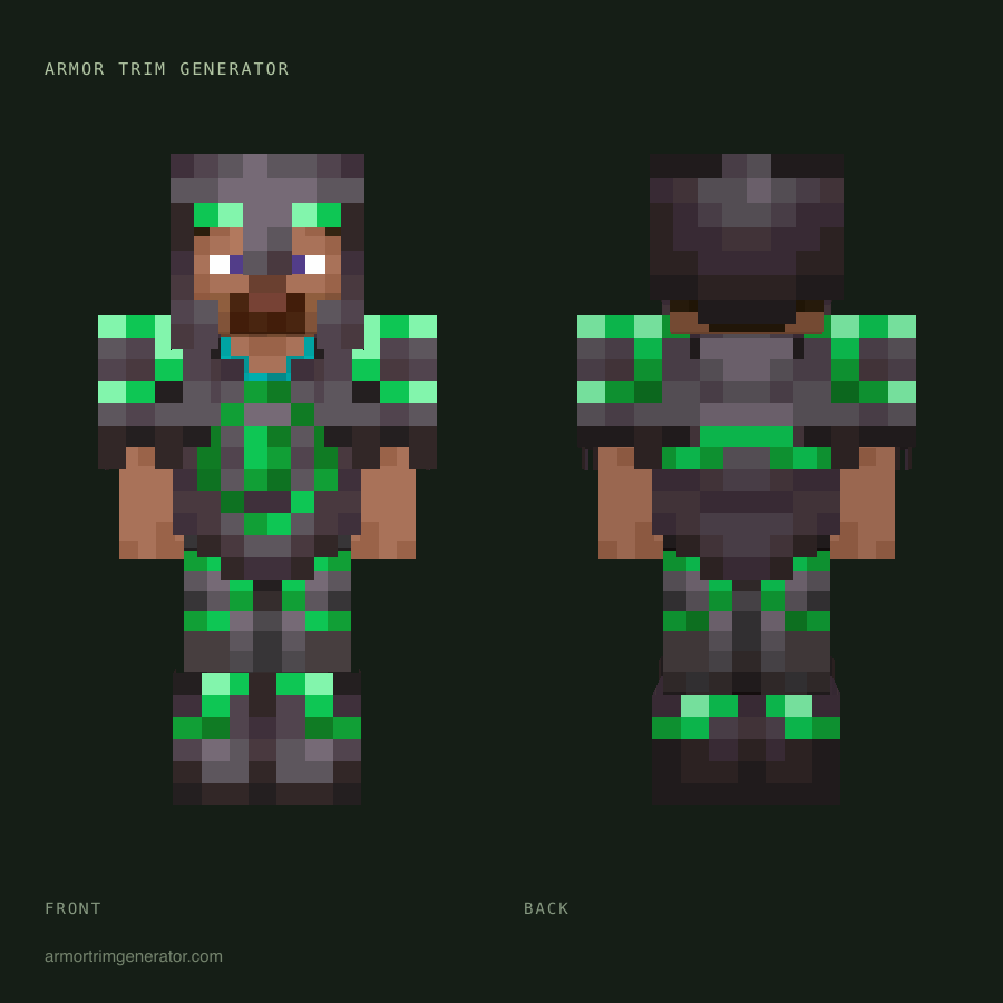 Ender Regalia: eye armor trim in emerald on netherite, full-body front and back preview