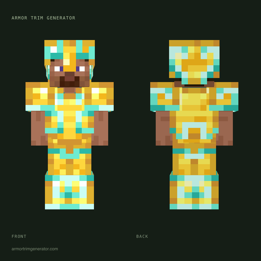 Icebound Treasure: flow armor trim in diamond on gold, full-body front and back preview