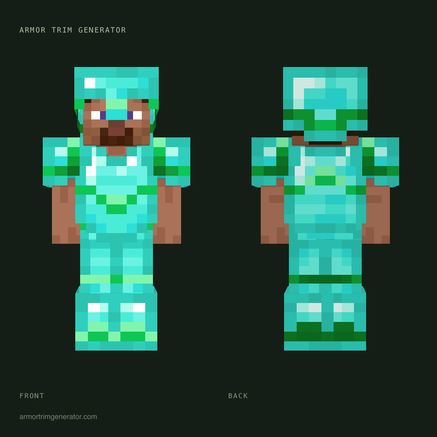 Jungle Rain: wild armor trim in emerald on diamond, full-body front and back preview