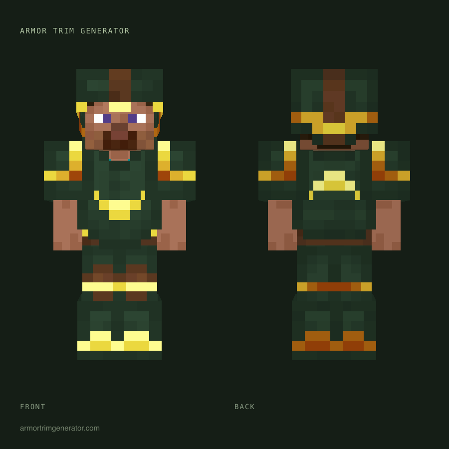 Mossbound Ranger: wild armor trim in gold on leather, full-body front and back preview