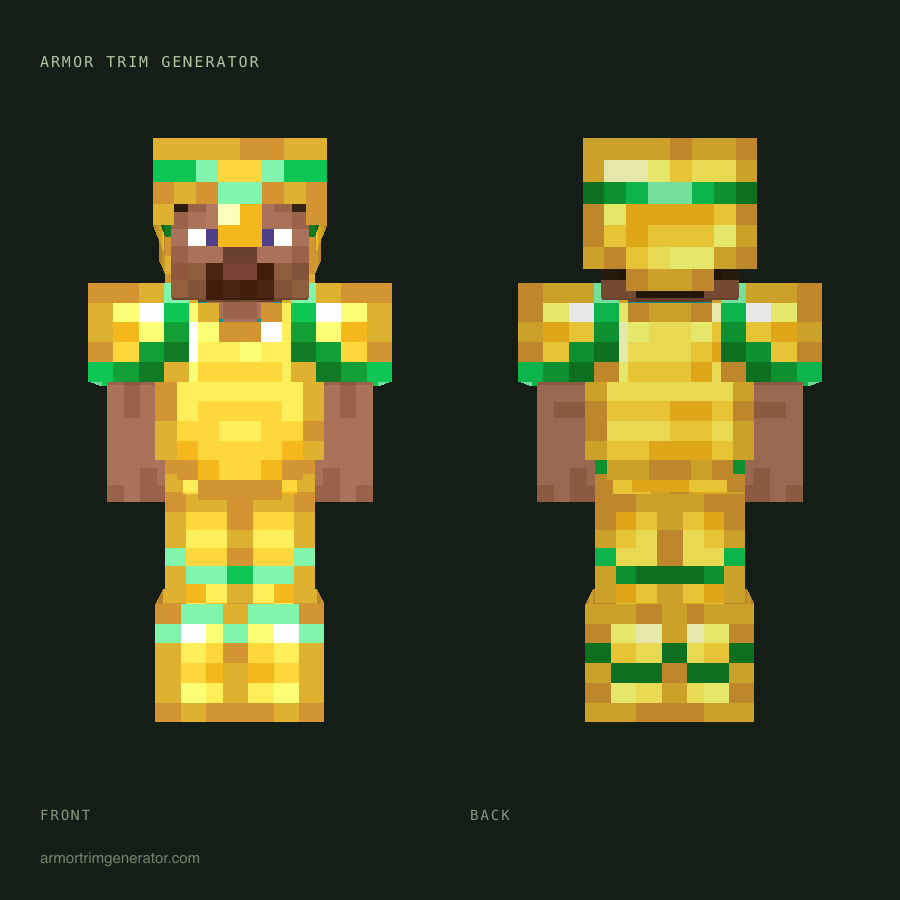 Verdant Crown: shaper armor trim in emerald on gold, full-body front and back preview