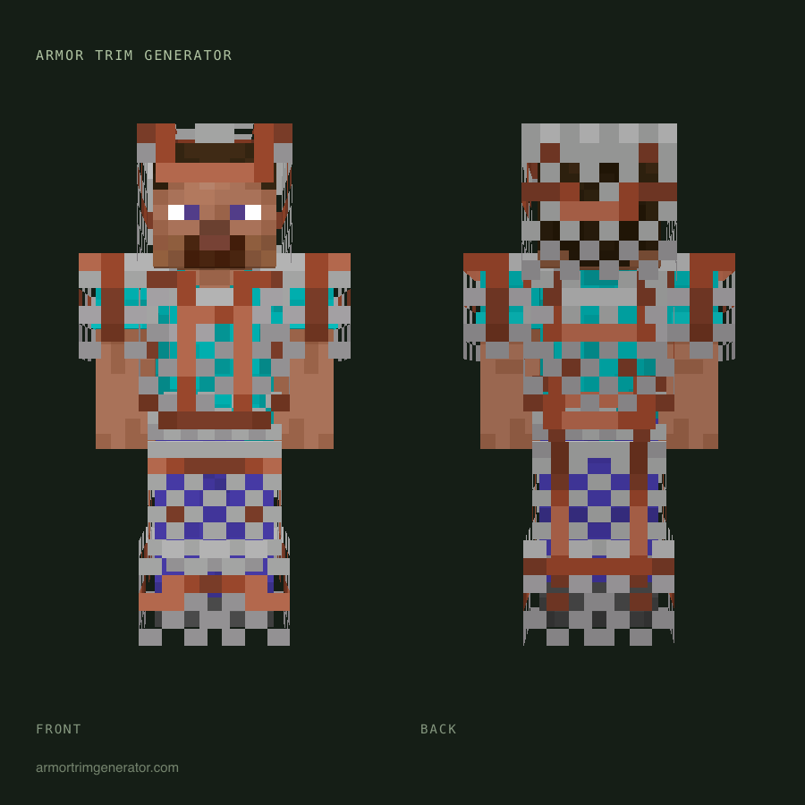 Woven Copper: bolt armor trim in copper on chainmail, full-body front and back preview